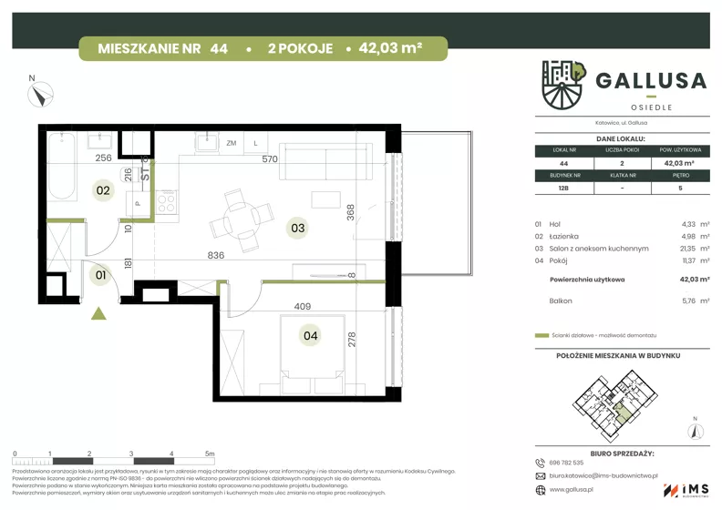 2 pokoje, mieszkanie 42,03 m², piętro 5, oferta nr GAL1.44, Osiedle Gallusa, Katowice, Brynów-Osiedle Zgrzebnioka, Brynów, ul. Józefa Gallusa 10B i 12B