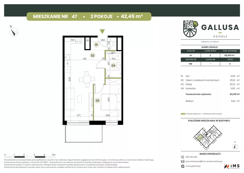 2 pokoje, mieszkanie 42,45 m², piętro 5, oferta nr GAL1.47, Osiedle Gallusa, Katowice, Brynów-Osiedle Zgrzebnioka, Brynów, ul. Józefa Gallusa 10B i 12B