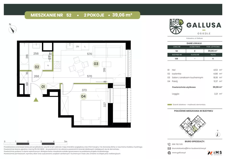 2 pokoje, mieszkanie 39,06 m², piętro 6, oferta nr GAL1.52, Osiedle Gallusa, Katowice, Brynów-Osiedle Zgrzebnioka, Brynów, ul. Józefa Gallusa 10B i 12B
