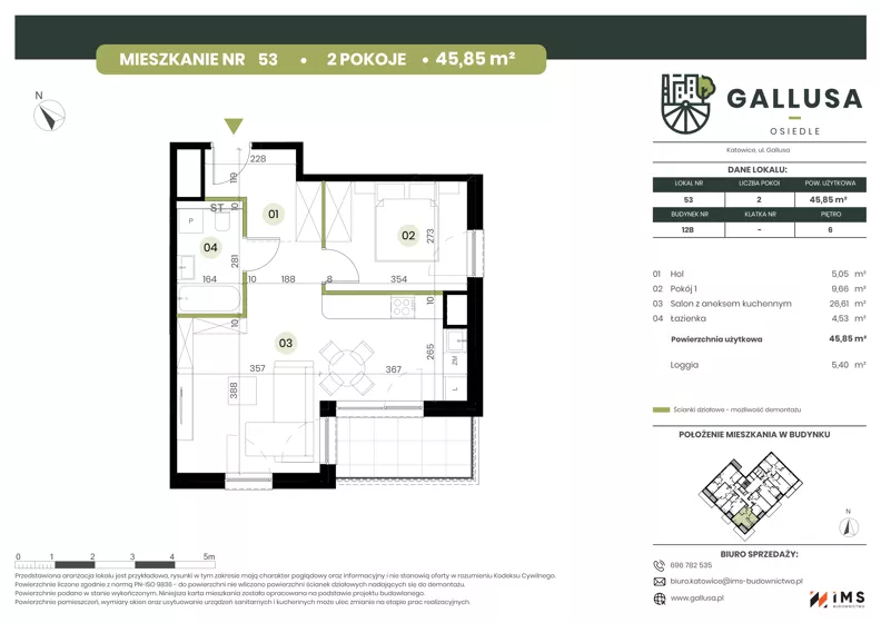 2 pokoje, mieszkanie 45,85 m², piętro 6, oferta nr GAL1.53, Osiedle Gallusa, Katowice, Brynów-Osiedle Zgrzebnioka, Brynów, ul. Józefa Gallusa 10B i 12B
