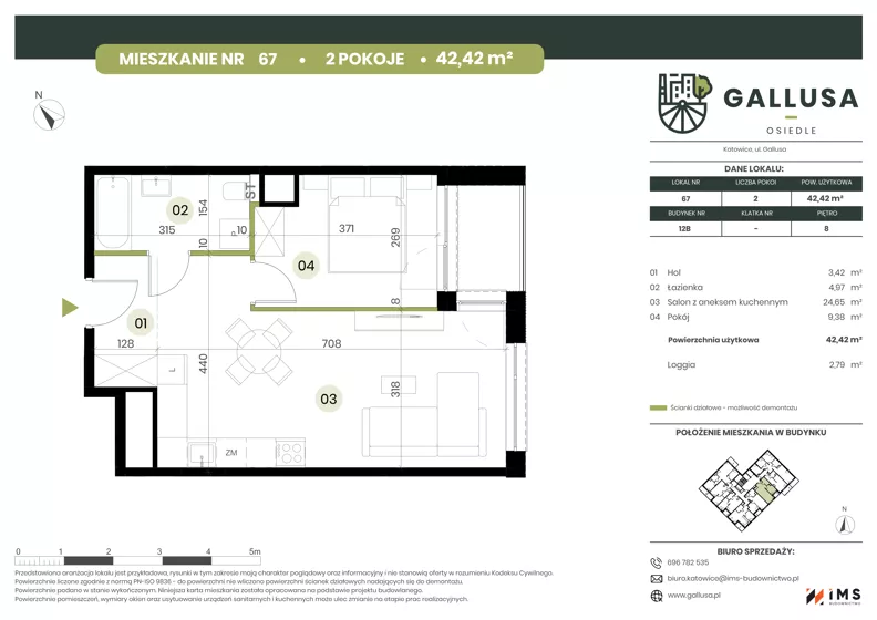 2 pokoje, mieszkanie 42,42 m², piętro 8, oferta nr GAL1.67, Osiedle Gallusa, Katowice, Brynów-Osiedle Zgrzebnioka, Brynów, ul. Józefa Gallusa 10B i 12B