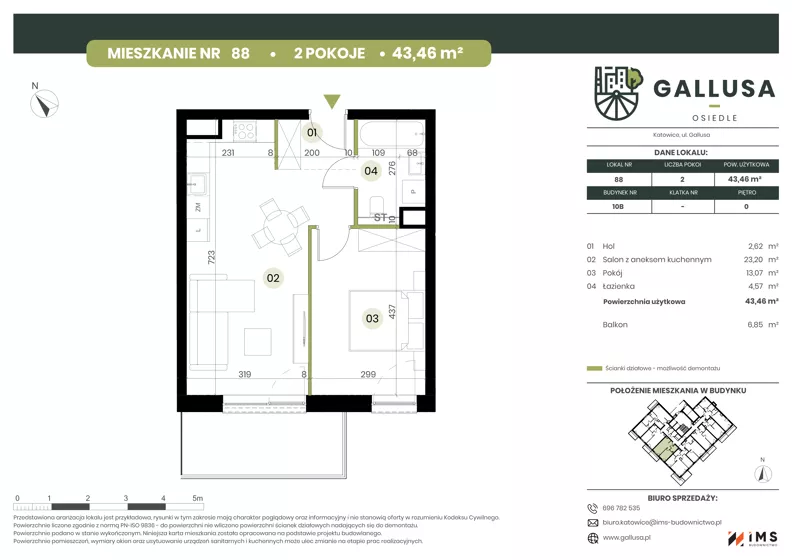 2 pokoje, mieszkanie 43,46 m², parter, oferta nr GAL1.88, Osiedle Gallusa, Katowice, Brynów-Osiedle Zgrzebnioka, Brynów, ul. Józefa Gallusa 10B i 12B
