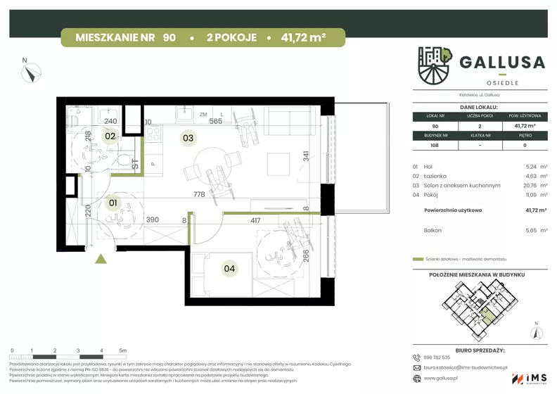 2 pokoje, mieszkanie 41,72 m², parter, oferta nr GAL1.90, Osiedle Gallusa, Katowice, Brynów-Osiedle Zgrzebnioka, Brynów, ul. Józefa Gallusa 10B i 12B
