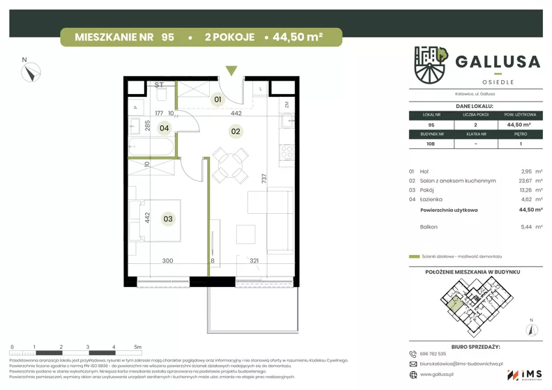 2 pokoje, mieszkanie 44,50 m², piętro 1, oferta nr GAL1.95, Osiedle Gallusa, Katowice, Brynów-Osiedle Zgrzebnioka, Brynów, ul. Józefa Gallusa 10B i 12B