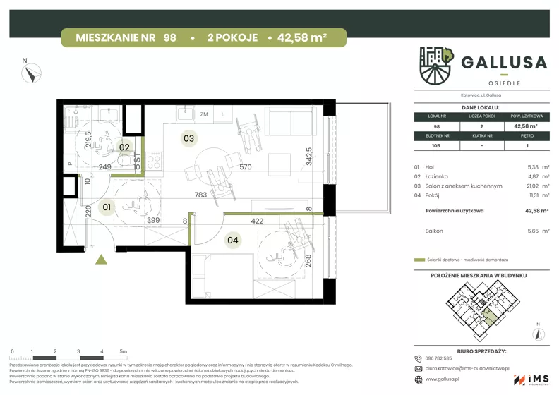 2 pokoje, mieszkanie 42,58 m², piętro 1, oferta nr GAL1.98, Osiedle Gallusa, Katowice, Brynów-Osiedle Zgrzebnioka, Brynów, ul. Józefa Gallusa 10B i 12B