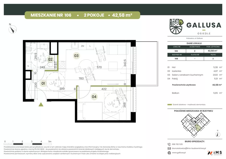 2 pokoje, mieszkanie 42,58 m², piętro 2, oferta nr GAL1.106, Osiedle Gallusa, Katowice, Brynów-Osiedle Zgrzebnioka, Brynów, ul. Józefa Gallusa 10B i 12B