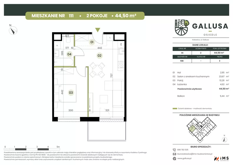 2 pokoje, mieszkanie 44,50 m², piętro 3, oferta nr GAL1.111, Osiedle Gallusa, Katowice, Brynów-Osiedle Zgrzebnioka, Brynów, ul. Józefa Gallusa 10B i 12B