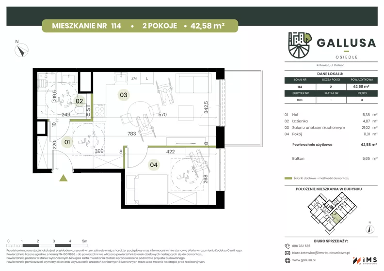 2 pokoje, mieszkanie 42,58 m², piętro 3, oferta nr GAL1.114, Osiedle Gallusa, Katowice, Brynów-Osiedle Zgrzebnioka, Brynów, ul. Józefa Gallusa 10B i 12B