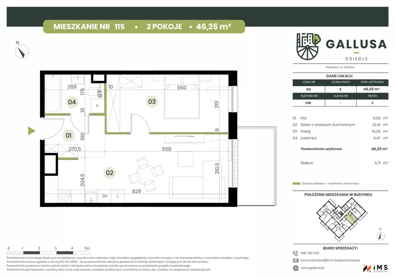 2 pokoje, mieszkanie 46,25 m², piętro 3, oferta nr GAL1.115, Osiedle Gallusa, Katowice, Brynów-Osiedle Zgrzebnioka, Brynów, ul. Józefa Gallusa 10B i 12B