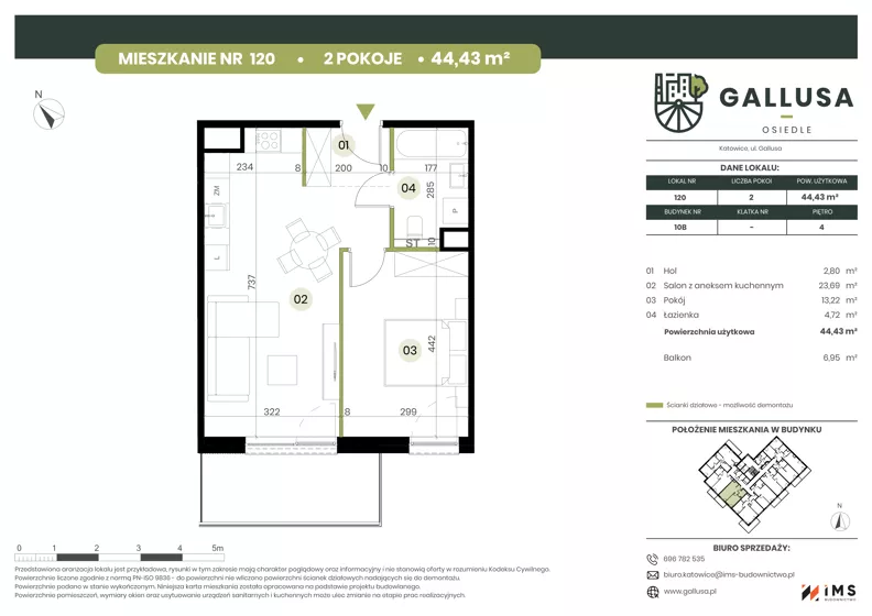 2 pokoje, mieszkanie 44,43 m², piętro 4, oferta nr GAL1.120, Osiedle Gallusa, Katowice, Brynów-Osiedle Zgrzebnioka, Brynów, ul. Józefa Gallusa 10B i 12B