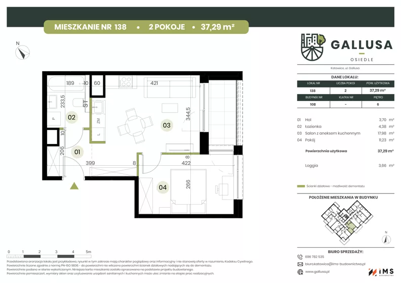 2 pokoje, mieszkanie 37,29 m², piętro 6, oferta nr GAL1.138, Osiedle Gallusa, Katowice, Brynów-Osiedle Zgrzebnioka, Brynów, ul. Józefa Gallusa 10B i 12B