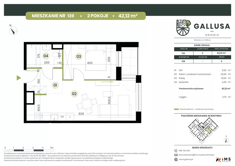 2 pokoje, mieszkanie 42,12 m², piętro 6, oferta nr GAL1.139, Osiedle Gallusa, Katowice, Brynów-Osiedle Zgrzebnioka, Brynów, ul. Józefa Gallusa 10B i 12B