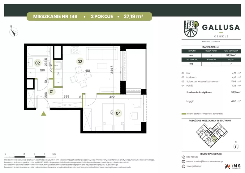 2 pokoje, mieszkanie 37,19 m², piętro 7, oferta nr GAL1.146, Osiedle Gallusa, Katowice, Brynów-Osiedle Zgrzebnioka, Brynów, ul. Józefa Gallusa 10B i 12B