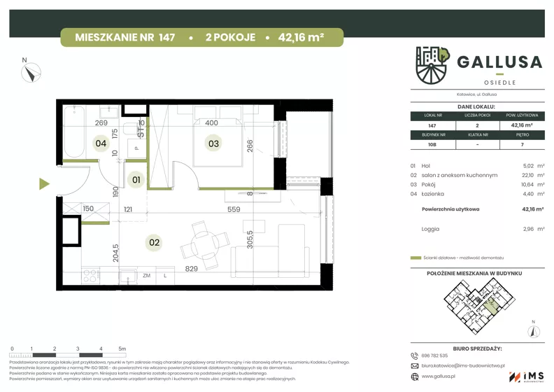 2 pokoje, mieszkanie 42,16 m², piętro 7, oferta nr GAL1.147, Osiedle Gallusa, Katowice, Brynów-Osiedle Zgrzebnioka, Brynów, ul. Józefa Gallusa 10B i 12B