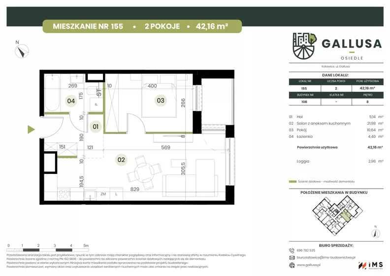 2 pokoje, mieszkanie 42,16 m², piętro 8, oferta nr GAL1.155, Osiedle Gallusa, Katowice, Brynów-Osiedle Zgrzebnioka, Brynów, ul. Józefa Gallusa 10B i 12B