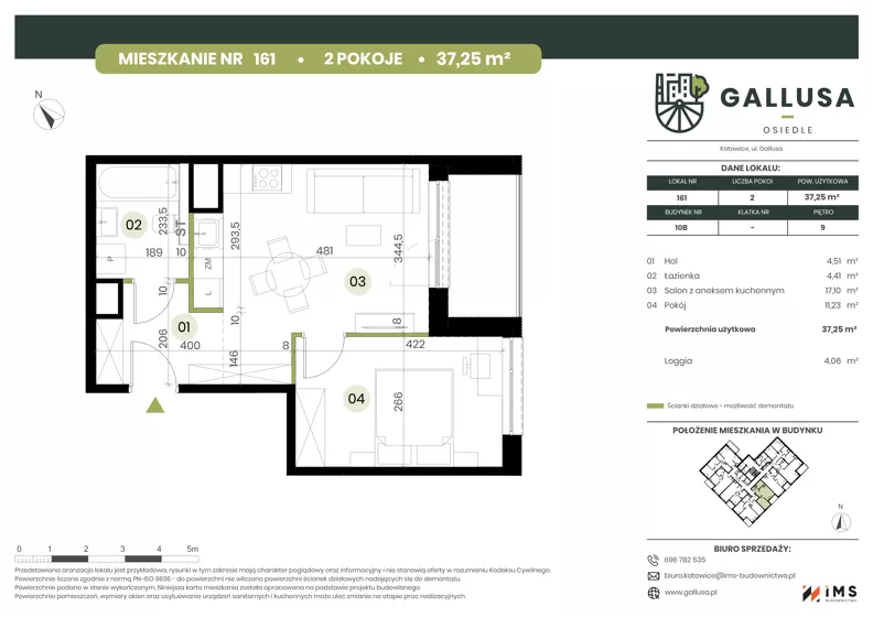 2 pokoje, mieszkanie 37,25 m², piętro 9, oferta nr GAL1.161, Osiedle Gallusa, Katowice, Brynów-Osiedle Zgrzebnioka, Brynów, ul. Józefa Gallusa 10B i 12B