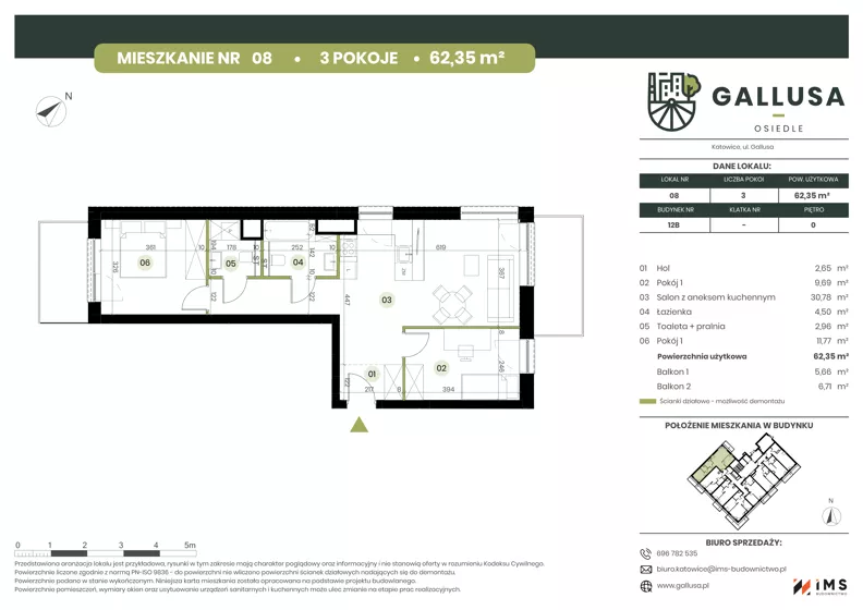 3 pokoje, mieszkanie 62,35 m², parter, oferta nr GAL1.8, Osiedle Gallusa, Katowice, Brynów-Osiedle Zgrzebnioka, Brynów, ul. Józefa Gallusa 10B i 12B