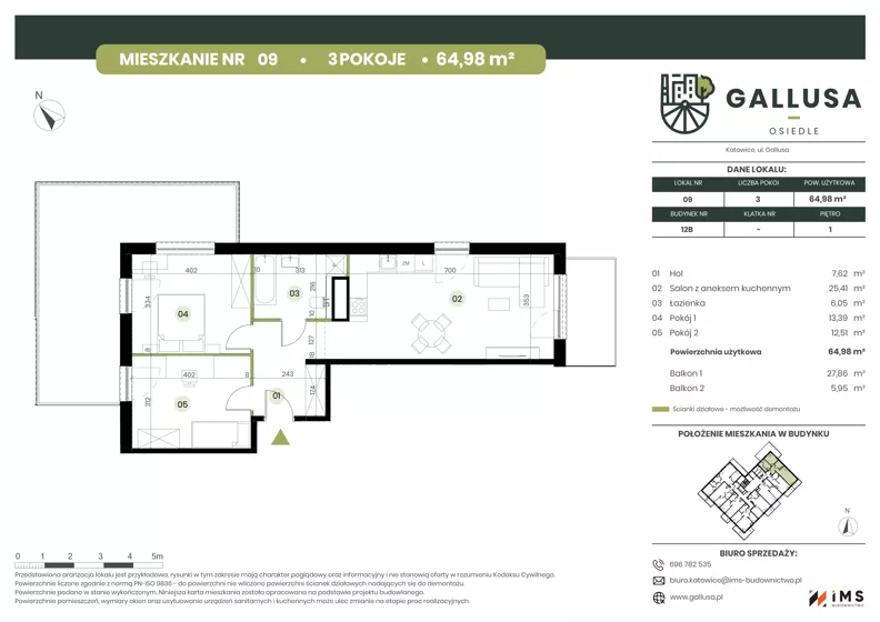 3 pokoje, mieszkanie 64,98 m², piętro 1, oferta nr GAL1.9, Osiedle Gallusa, Katowice, Brynów-Osiedle Zgrzebnioka, Brynów, ul. Józefa Gallusa 10B i 12B