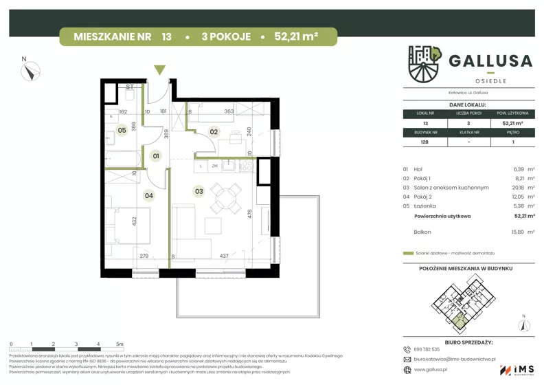 3 pokoje, mieszkanie 52,21 m², piętro 1, oferta nr GAL1.13, Osiedle Gallusa, Katowice, Brynów-Osiedle Zgrzebnioka, Brynów, ul. Józefa Gallusa 10B i 12B