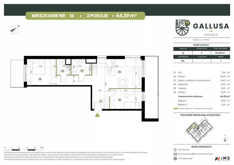 3 pokoje, mieszkanie 64,39 m², piętro 1, oferta nr GAL1.16, Osiedle Gallusa, Katowice, Brynów-Osiedle Zgrzebnioka, Brynów, ul. Józefa Gallusa 10B i 12B