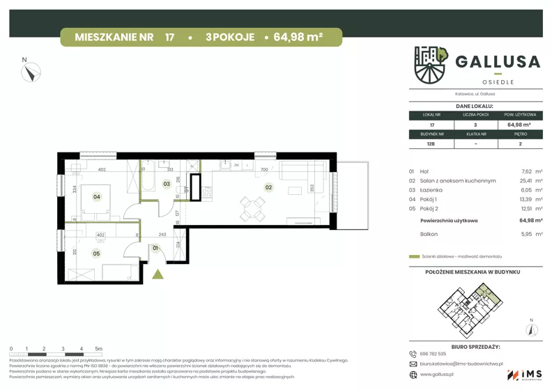 3 pokoje, mieszkanie 64,98 m², piętro 2, oferta nr GAL1.17, Osiedle Gallusa, Katowice, Brynów-Osiedle Zgrzebnioka, Brynów, ul. Józefa Gallusa 10B i 12B