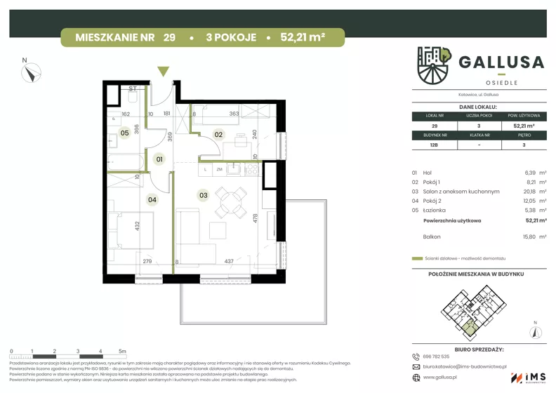 3 pokoje, mieszkanie 52,21 m², piętro 3, oferta nr GAL1.29, Osiedle Gallusa, Katowice, Brynów-Osiedle Zgrzebnioka, Brynów, ul. Józefa Gallusa 10B i 12B