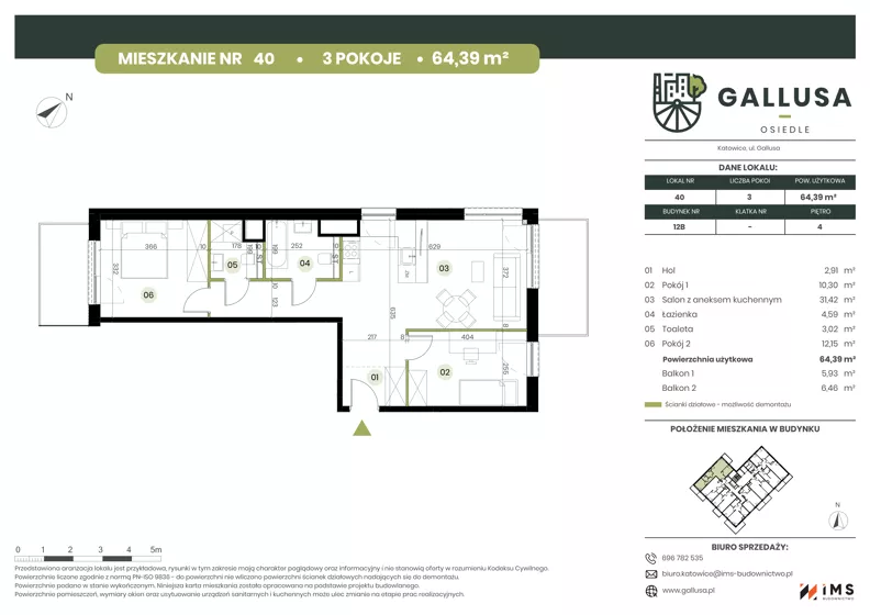 3 pokoje, mieszkanie 64,39 m², piętro 4, oferta nr GAL1.40, Osiedle Gallusa, Katowice, Brynów-Osiedle Zgrzebnioka, Brynów, ul. Józefa Gallusa 10B i 12B
