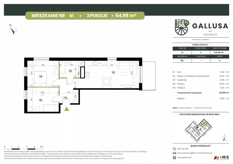 3 pokoje, mieszkanie 64,98 m², piętro 5, oferta nr GAL1.41, Osiedle Gallusa, Katowice, Brynów-Osiedle Zgrzebnioka, Brynów, ul. Józefa Gallusa 10B i 12B