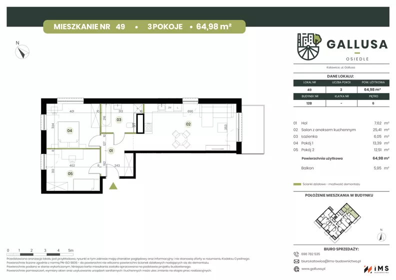 3 pokoje, mieszkanie 64,98 m², piętro 6, oferta nr GAL1.49, Osiedle Gallusa, Katowice, Brynów-Osiedle Zgrzebnioka, Brynów, ul. Józefa Gallusa 10B i 12B