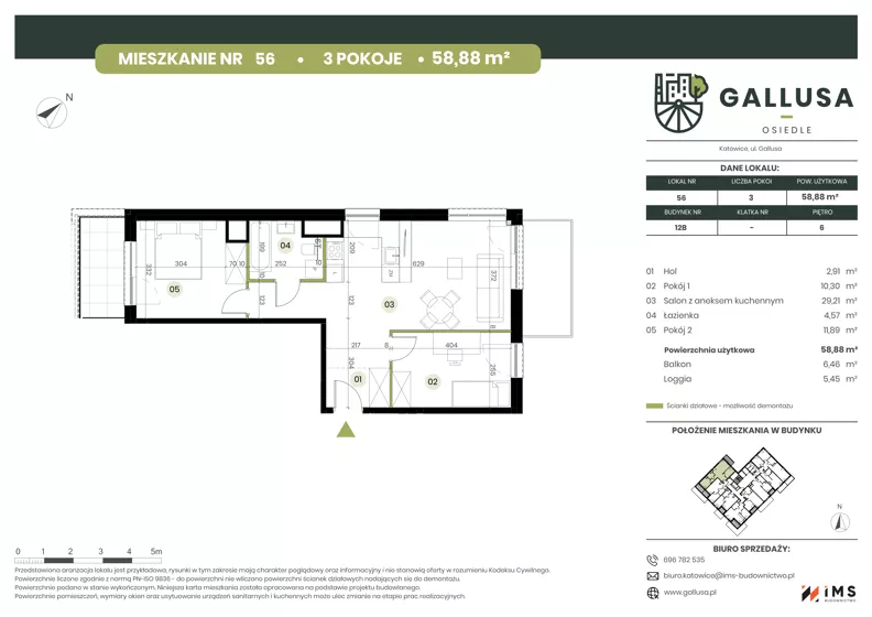 3 pokoje, mieszkanie 58,88 m², piętro 6, oferta nr GAL1.56, Osiedle Gallusa, Katowice, Brynów-Osiedle Zgrzebnioka, Brynów, ul. Józefa Gallusa 10B i 12B