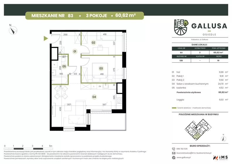 3 pokoje, mieszkanie 60,62 m², piętro 10, oferta nr GAL1.83, Osiedle Gallusa, Katowice, Brynów-Osiedle Zgrzebnioka, Brynów, ul. Józefa Gallusa 10B i 12B