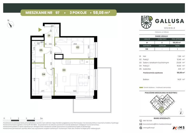 3 pokoje, mieszkanie 58,08 m², piętro 1, oferta nr GAL1.97, Osiedle Gallusa, Katowice, Brynów-Osiedle Zgrzebnioka, Brynów, ul. Józefa Gallusa 10B i 12B