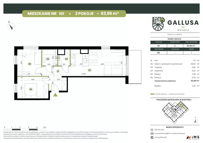 3 pokoje, mieszkanie 63,96 m², piętro 1, oferta nr GAL1.101, Osiedle Gallusa, Katowice, Brynów-Osiedle Zgrzebnioka, Brynów, ul. Józefa Gallusa 10B i 12B