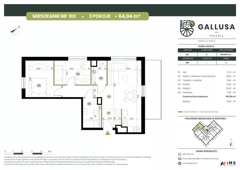 3 pokoje, mieszkanie 64,04 m², piętro 2, oferta nr GAL1.102, Osiedle Gallusa, Katowice, Brynów-Osiedle Zgrzebnioka, Brynów, ul. Józefa Gallusa 10B i 12B