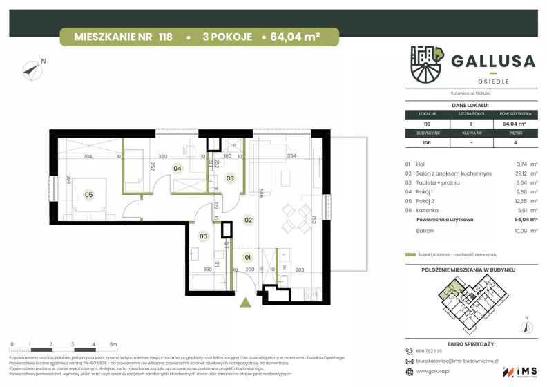 3 pokoje, mieszkanie 64,04 m², piętro 4, oferta nr GAL1.118, Osiedle Gallusa, Katowice, Brynów-Osiedle Zgrzebnioka, Brynów, ul. Józefa Gallusa 10B i 12B