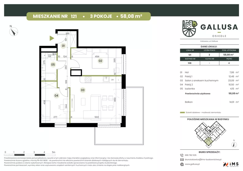 3 pokoje, mieszkanie 58,08 m², piętro 4, oferta nr GAL1.121, Osiedle Gallusa, Katowice, Brynów-Osiedle Zgrzebnioka, Brynów, ul. Józefa Gallusa 10B i 12B