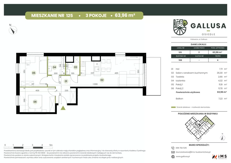 3 pokoje, mieszkanie 63,96 m², piętro 4, oferta nr GAL1.125, Osiedle Gallusa, Katowice, Brynów-Osiedle Zgrzebnioka, Brynów, ul. Józefa Gallusa 10B i 12B