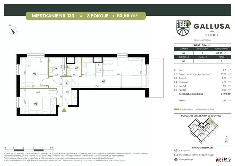 3 pokoje, mieszkanie 63,96 m², piętro 5, oferta nr GAL1.133, Osiedle Gallusa, Katowice, Brynów-Osiedle Zgrzebnioka, Brynów, ul. Józefa Gallusa 10B i 12B