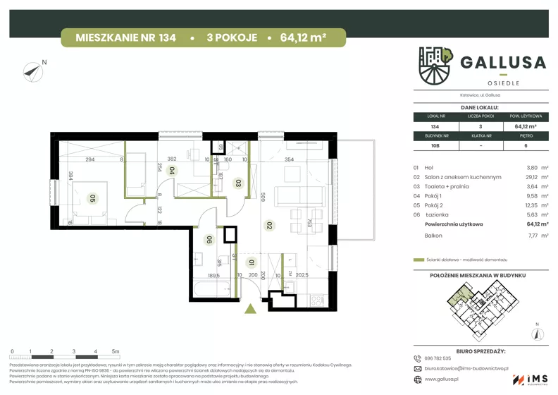 3 pokoje, mieszkanie 64,12 m², piętro 6, oferta nr GAL1.134, Osiedle Gallusa, Katowice, Brynów-Osiedle Zgrzebnioka, Brynów, ul. Józefa Gallusa 10B i 12B