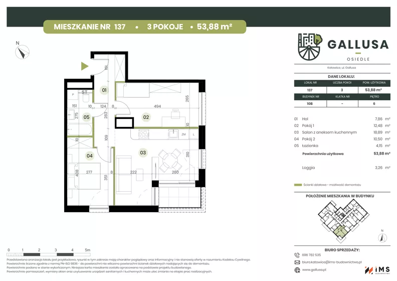 3 pokoje, mieszkanie 53,88 m², piętro 6, oferta nr GAL1.137, Osiedle Gallusa, Katowice, Brynów-Osiedle Zgrzebnioka, Brynów, ul. Józefa Gallusa 10B i 12B