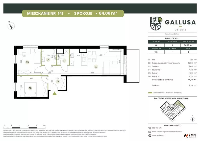 3 pokoje, mieszkanie 64,06 m², piętro 6, oferta nr GAL1.141, Osiedle Gallusa, Katowice, Brynów-Osiedle Zgrzebnioka, Brynów, ul. Józefa Gallusa 10B i 12B