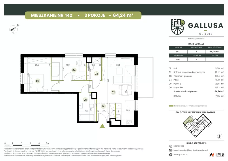 3 pokoje, mieszkanie 64,24 m², piętro 7, oferta nr GAL1.142, Osiedle Gallusa, Katowice, Brynów-Osiedle Zgrzebnioka, Brynów, ul. Józefa Gallusa 10B i 12B