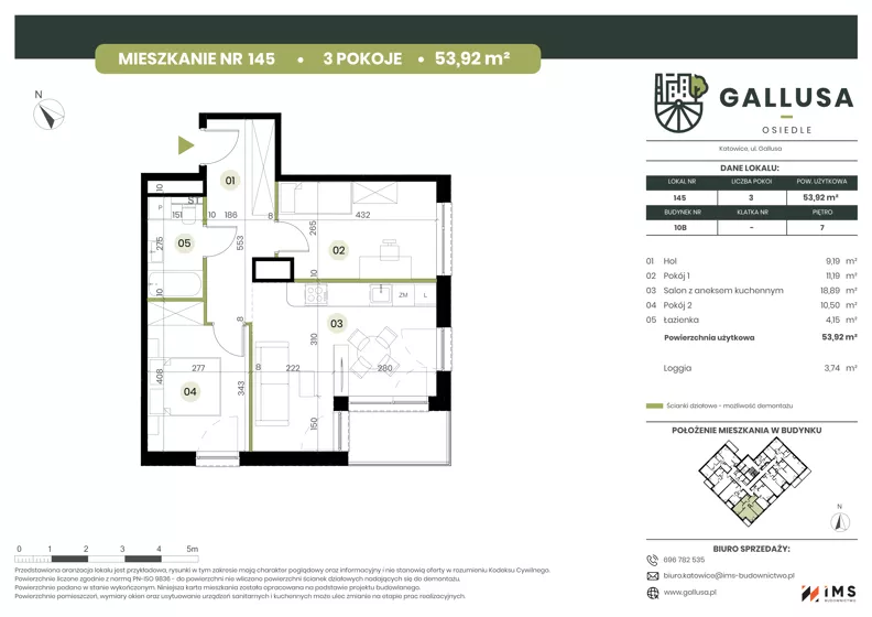 3 pokoje, mieszkanie 53,92 m², piętro 7, oferta nr GAL1.145, Osiedle Gallusa, Katowice, Brynów-Osiedle Zgrzebnioka, Brynów, ul. Józefa Gallusa 10B i 12B