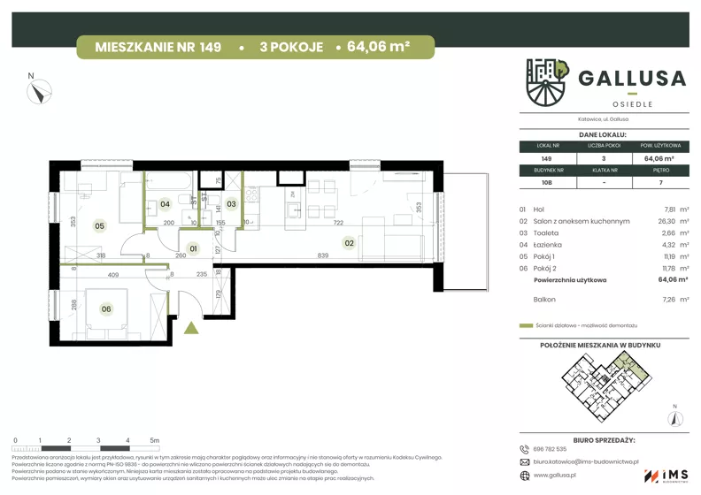 3 pokoje, mieszkanie 64,06 m², piętro 7, oferta nr GAL1.149, Osiedle Gallusa, Katowice, Brynów-Osiedle Zgrzebnioka, Brynów, ul. Józefa Gallusa 10B i 12B