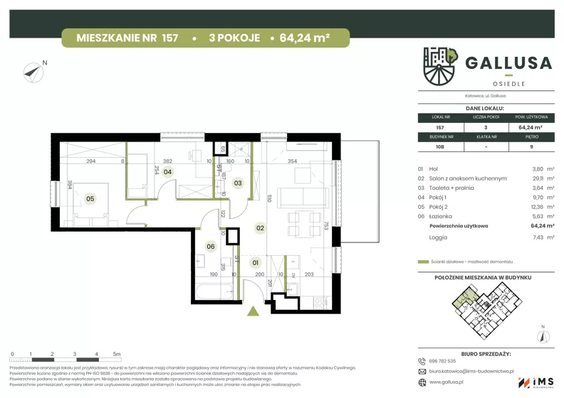 3 pokoje, mieszkanie 64,24 m², piętro 9, oferta nr GAL1.157, Osiedle Gallusa, Katowice, Brynów-Osiedle Zgrzebnioka, Brynów, ul. Józefa Gallusa 10B i 12B