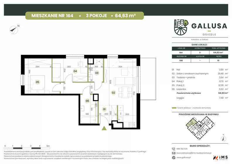 3 pokoje, mieszkanie 64,63 m², piętro 10, oferta nr GAL1.164, Osiedle Gallusa, Katowice, Brynów-Osiedle Zgrzebnioka, Brynów, ul. Józefa Gallusa 10B i 12B