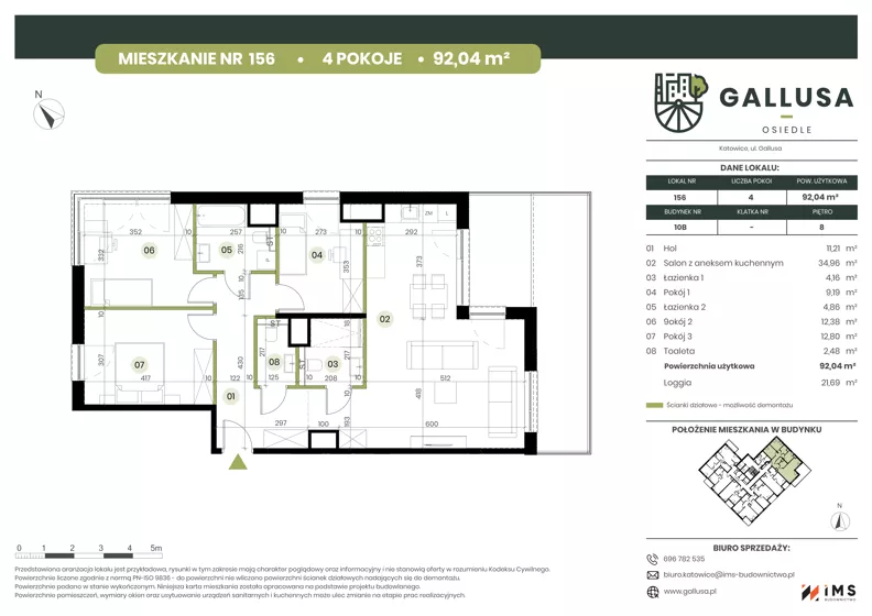 4 pokoje, mieszkanie 92,04 m², piętro 8, oferta nr GAL1.156, Osiedle Gallusa, Katowice, Brynów-Osiedle Zgrzebnioka, Brynów, ul. Józefa Gallusa 10B i 12B