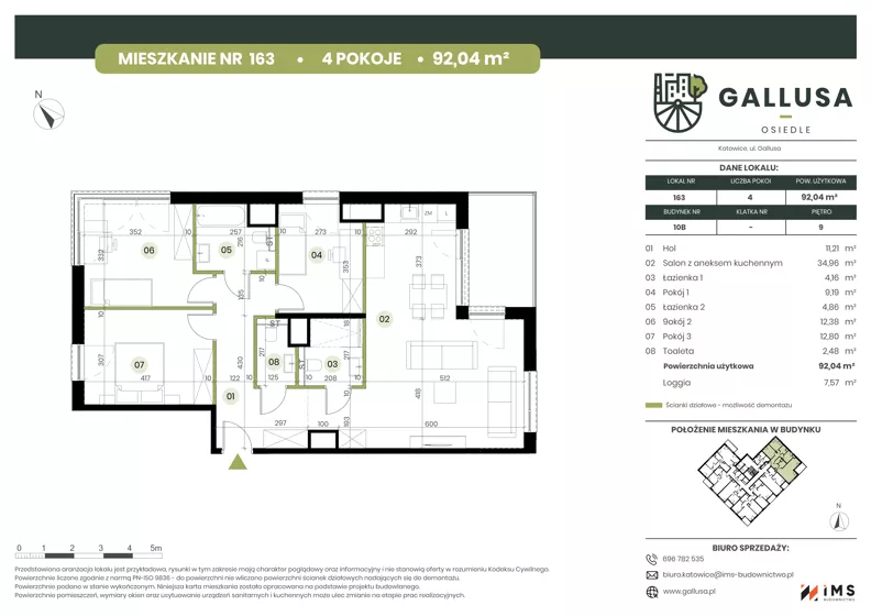 4 pokoje, mieszkanie 92,04 m², piętro 9, oferta nr GAL1.163, Osiedle Gallusa, Katowice, Brynów-Osiedle Zgrzebnioka, Brynów, ul. Józefa Gallusa 10B i 12B
