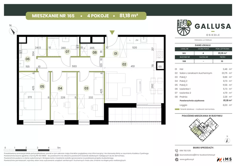 4 pokoje, mieszkanie 81,18 m², piętro 10, oferta nr GAL1.165, Osiedle Gallusa, Katowice, Brynów-Osiedle Zgrzebnioka, Brynów, ul. Józefa Gallusa 10B i 12B