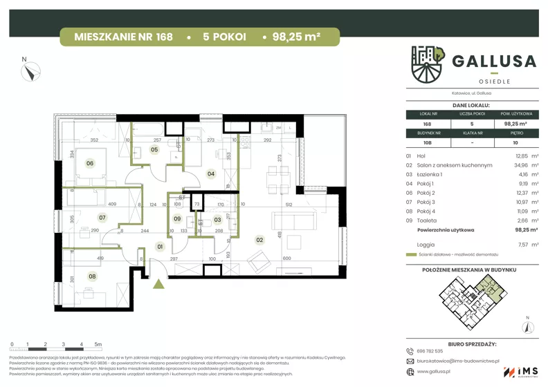 5 pokoi, mieszkanie 98,25 m², piętro 10, oferta nr GAL1.168, Osiedle Gallusa, Katowice, Brynów-Osiedle Zgrzebnioka, Brynów, ul. Józefa Gallusa 10B i 12B